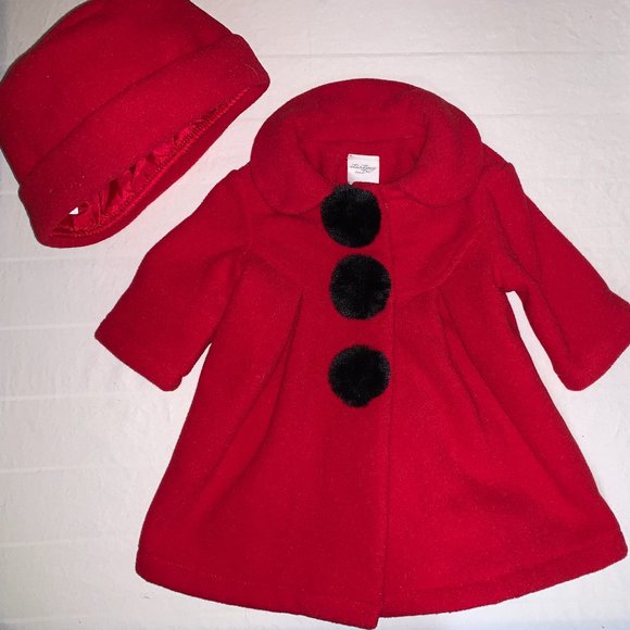 Baby Girl 3-Month Red Hat and Coat with Black Fur Buttons - Picture 1 of 5